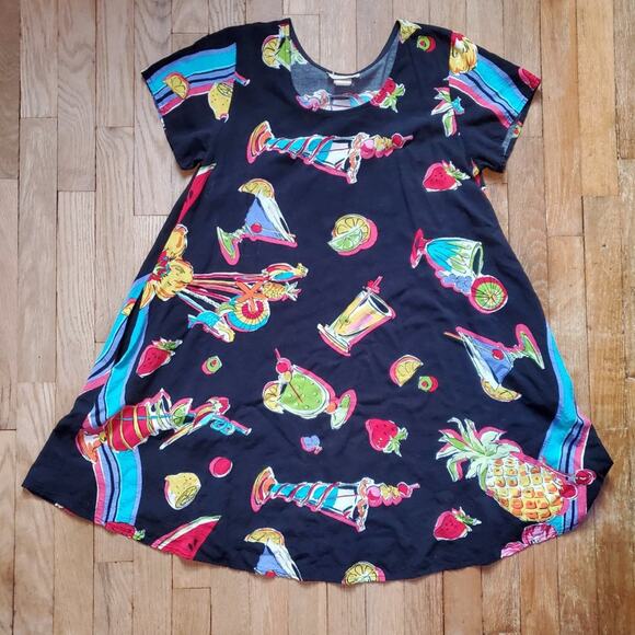 Vintage 90s Tropical Drinks Trapeze Swing Short Sleeve Mini Dress Colorful - Picture 4 of 14